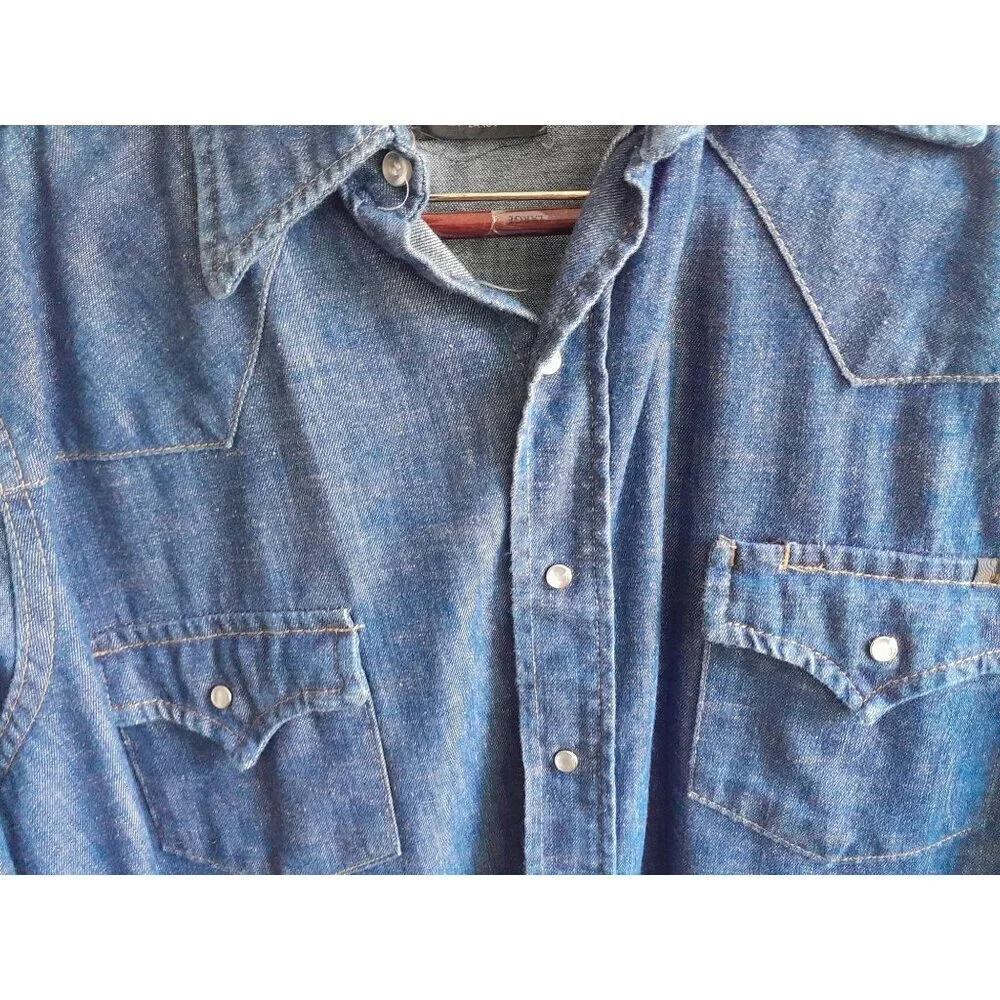 Vtg 70s 80s Sears Mens Western Wear Cowboy Trucker Pearl Snap XLT Denim Shirt